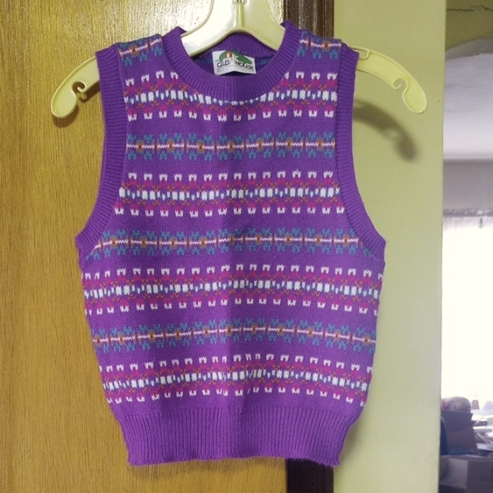 Club House, Vintage Girls Purple Sleeveless Sweater Vest, White Aqua Pink Orange